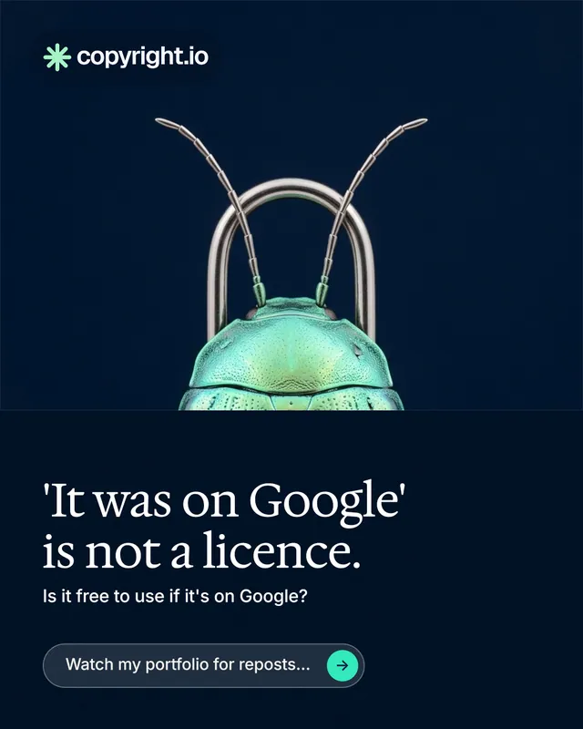 Instagram portrait post for copyright.io: "'It was on Google' is not a licence." Agentic glass style, bottom layout, dark palette in black, blue.