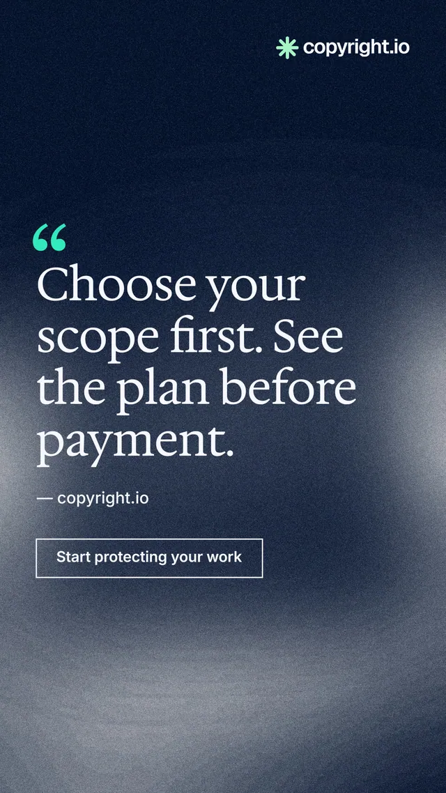 Instagram story for copyright.io: "Choose your scope first. See the plan before payment." Cyanotype style, quote layout, dark palette in black, grey, blue.