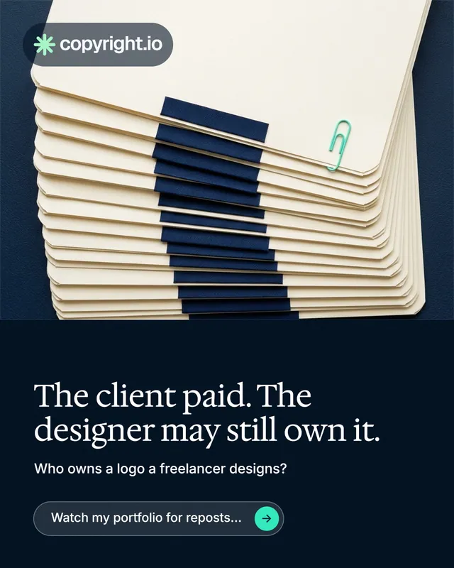 Instagram portrait post for copyright.io: "The client paid. The designer may still own it." Agentic glass style, bottom layout, dark palette in yellow, black, blue.