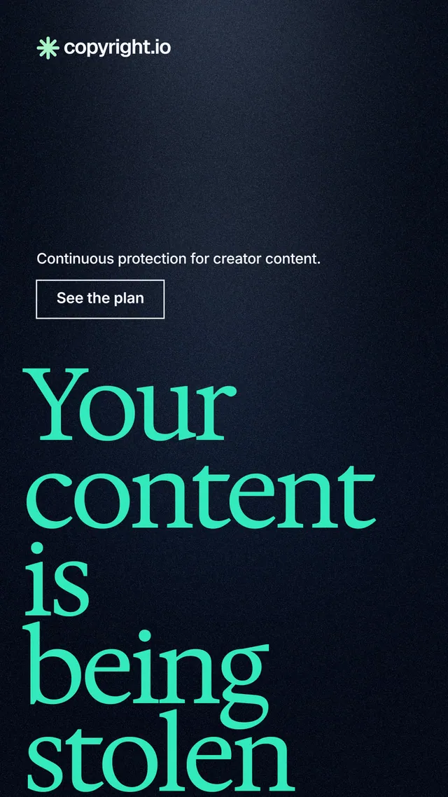 Instagram story for copyright.io: "Your content is being stolen." Dark deco style, oversized layout, dark palette in blue, black, teal.
