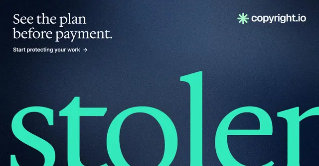 Social ad for copyright.io: "See the plan before payment." Agentic glass style, ogword layout, dark palette in blue, teal.