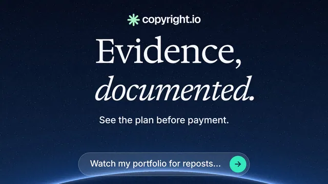 Landscape graphic for copyright.io: "Evidence, documented." Agentic glass style, centred layout, dark palette in blue, black.