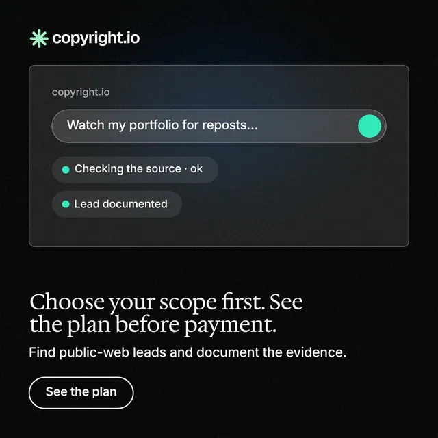 Instagram post for copyright.io: "Choose your scope first. See the plan before payment." Phosphor atlas style, bottom layout, dark palette in black, grey.