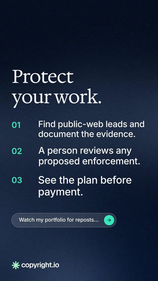 Instagram story for copyright.io: "Protect your work." Agentic glass style, numbered layout, dark palette in blue, black, grey.