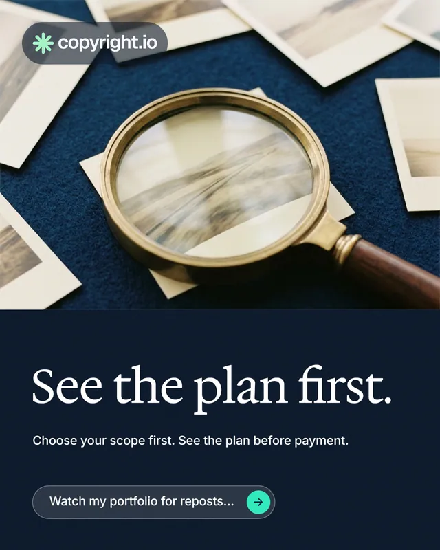 Instagram portrait post for copyright.io: "See the plan first." Agentic glass style, bottom layout, dark palette in blue, yellow, grey.