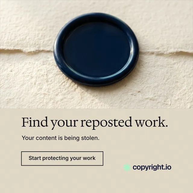 Instagram post for copyright.io: "Find your reposted work." Editorial style, bottom layout, light palette in orange, grey, yellow.
