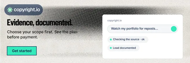 X header for copyright.io: "Evidence, documented." Ink sticker style, bottom layout, light palette in white, grey.