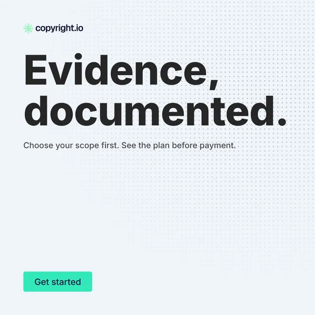 Video for copyright.io: "Evidence, documented.". Doc motion loop, 8.0 s, light palette.