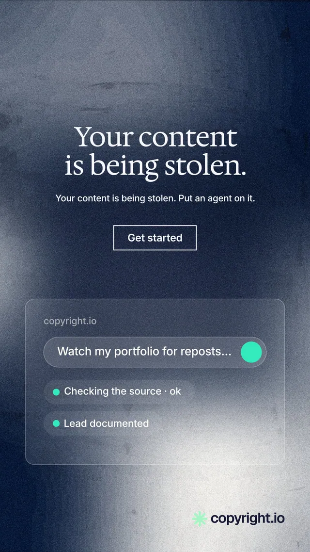 Instagram story for copyright.io: "Your content is being stolen." Cyanotype style, centred layout, dark palette in grey, blue, white.