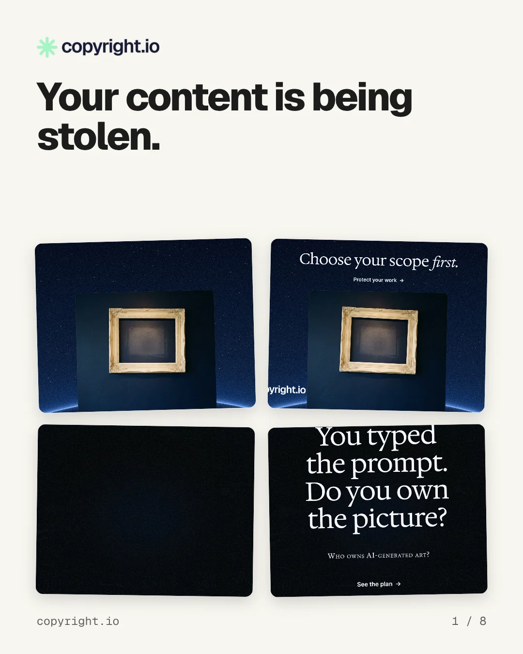 Carousel for copyright.io: "Your content is being stolen.". Collection carousel, 8 slides, light palette.