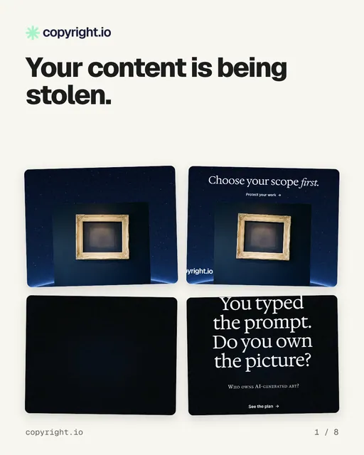Carousel for copyright.io: "Your content is being stolen.". Collection carousel, 8 slides, light palette.
