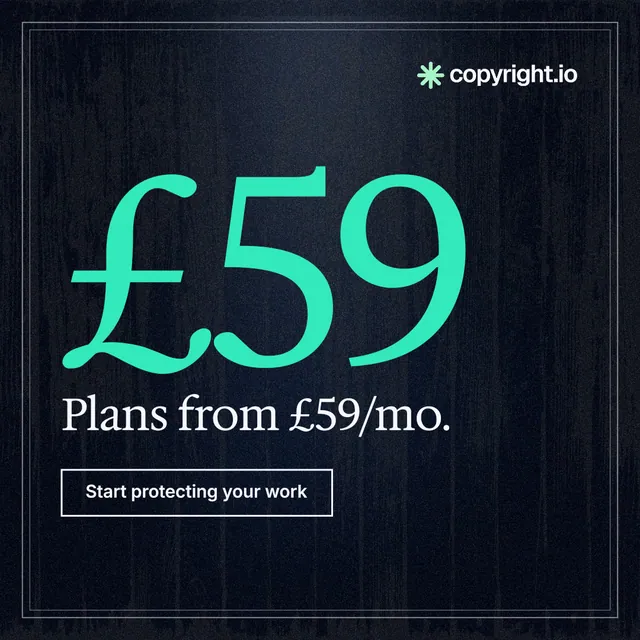 Instagram post for copyright.io: "See the plan before payment." Dark deco style, stat layout, dark palette in black, blue, teal.