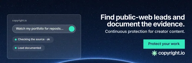 X header for copyright.io: "Find public-web leads and document the evidence." Swiss style, right layout, dark palette in blue, black.