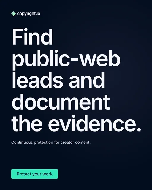 Video for copyright.io: "Find public-web leads and document the evidence.". Doc motion loop, 6.0 s, dark palette.