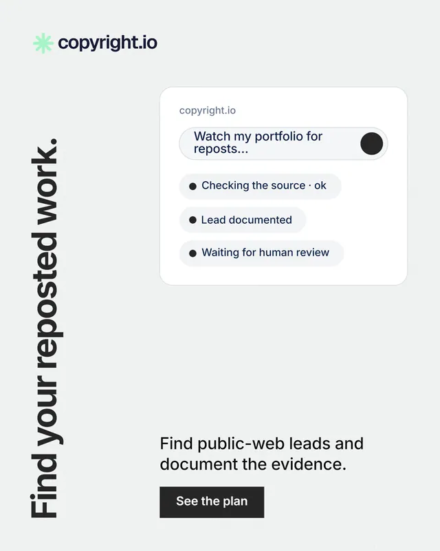 Instagram portrait post for copyright.io: "Find your reposted work." Swiss style, vertical layout, light palette in white.