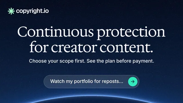 Landscape graphic for copyright.io: "Continuous protection for creator content." Agentic glass style, centred layout, dark palette in black, blue, grey.