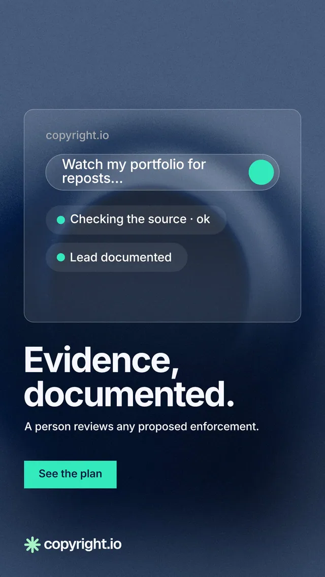 Instagram story for copyright.io: "Evidence, documented." Swiss style, bottom layout, dark palette in blue, black.