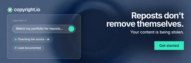 X header for copyright.io: "Reposts don't remove themselves." Swiss style, right layout, dark palette in blue, teal.