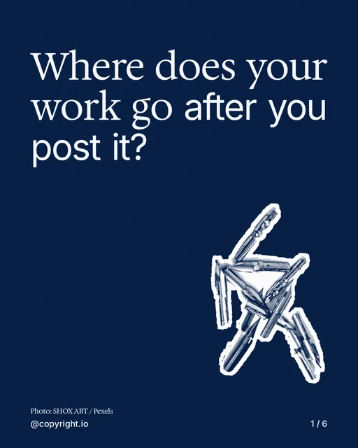 Carousel for copyright.io: "Where does your work go after you post it?". Cutout essay, 6 slides, dark palette.