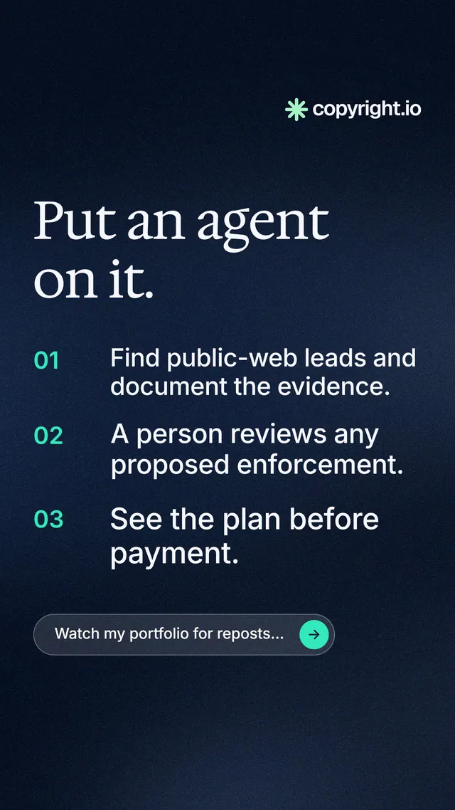 Instagram story for copyright.io: "Put an agent on it." Agentic glass style, numbered layout, dark palette in blue, black, grey.