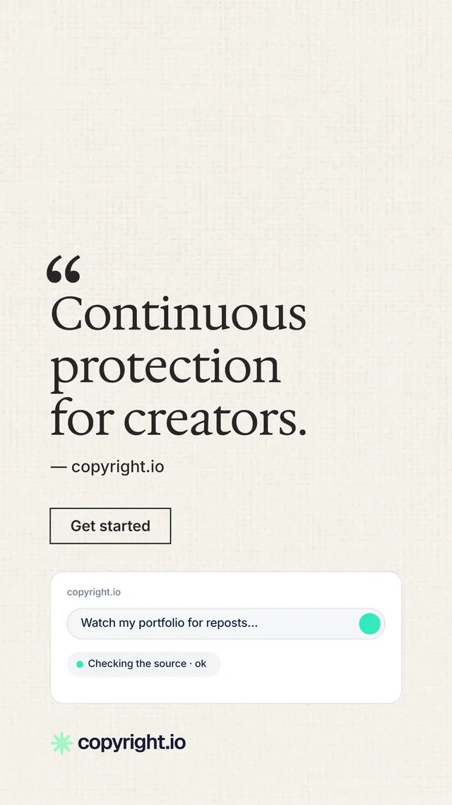 Instagram story for copyright.io: "Continuous protection for creators." Editorial style, quote layout, light palette in white.