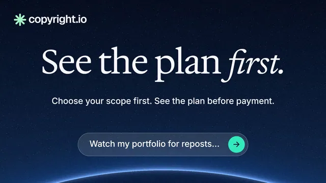 Landscape graphic for copyright.io: "See the plan first." Agentic glass style, centred layout, dark palette in black, blue.