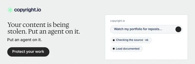 X header for copyright.io: "Your content is being stolen. Put an agent on it." Data card style, bottom layout, light palette in white, grey.