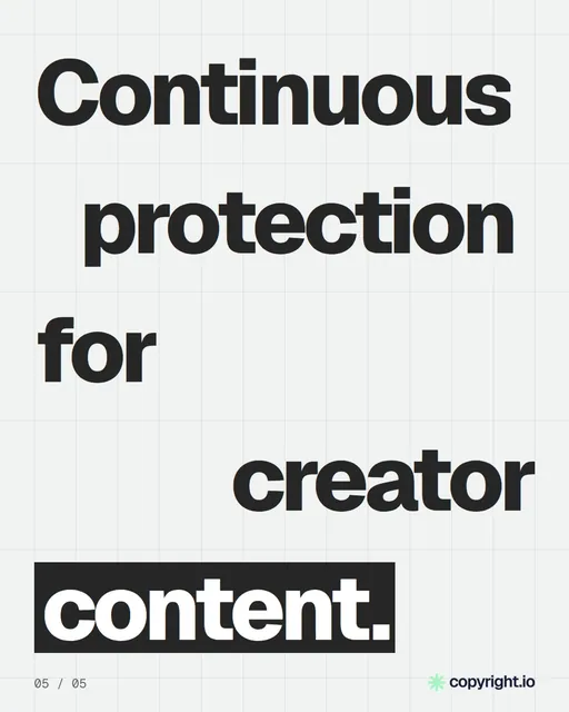 Video for copyright.io: "Your content is being stolen. Put an agent on it.". Kinetic type grid, 6.0 s, light palette.
