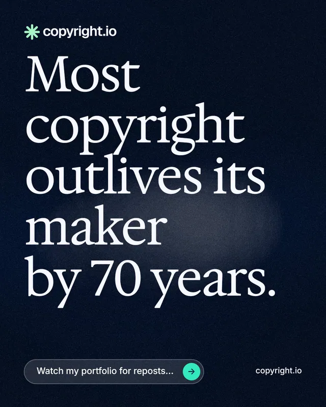 Instagram portrait post for copyright.io: "Most copyright outlives its maker by 70 years." Thermal style, poster layout, dark palette in black, blue, grey.