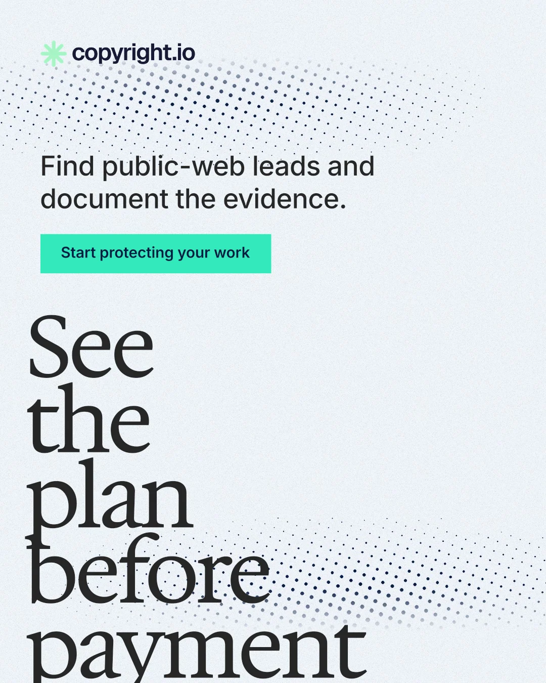 Instagram portrait post for copyright.io: "See the plan before payment." Swiss style, oversized layout, light palette in white, grey.