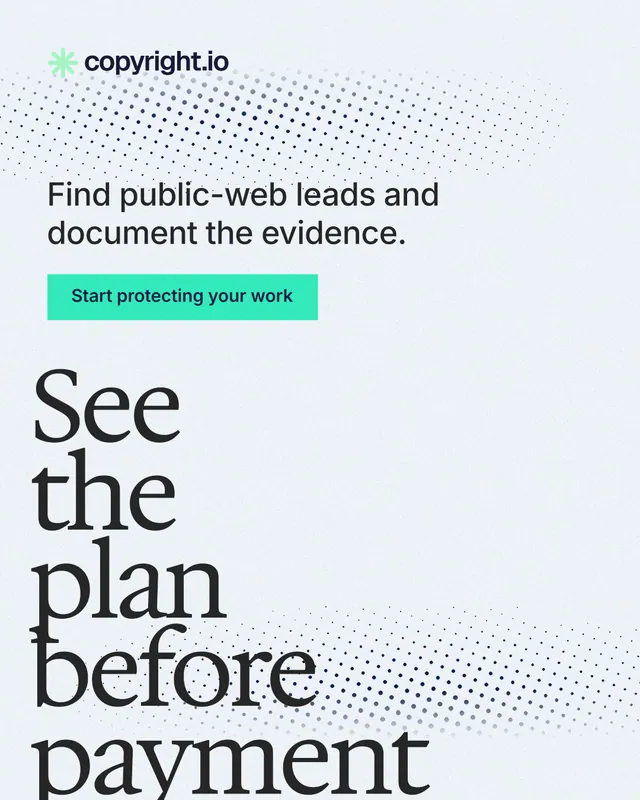 Instagram portrait post for copyright.io: "See the plan before payment." Swiss style, oversized layout, light palette in white, grey.