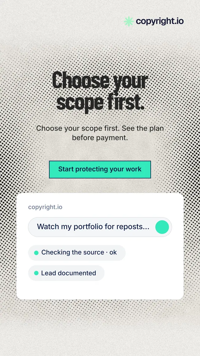 Instagram story for copyright.io: "Choose your scope first." Ink sticker style, centred layout, light palette in white, grey.