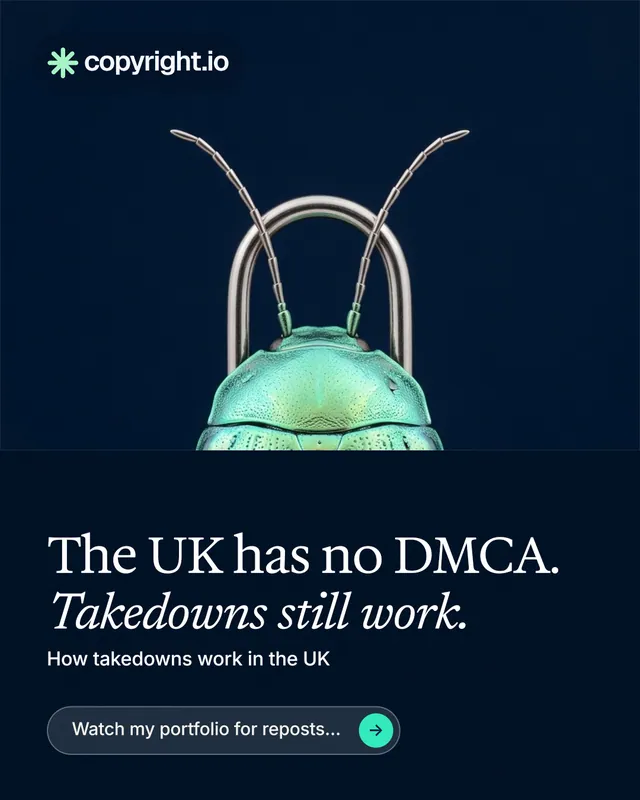 Instagram portrait post for copyright.io: "The UK has no DMCA. Takedowns still work." Agentic glass style, bottom layout, dark palette in black, blue.