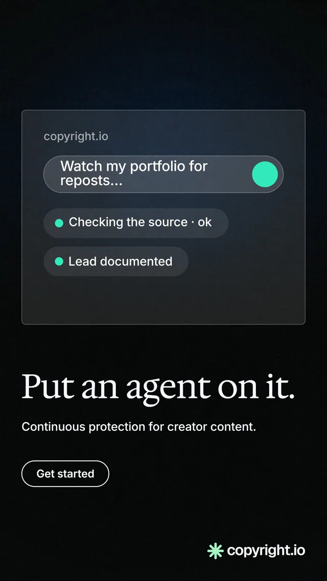 Instagram story for copyright.io: "Put an agent on it." Phosphor atlas style, bottom layout, dark palette in black.