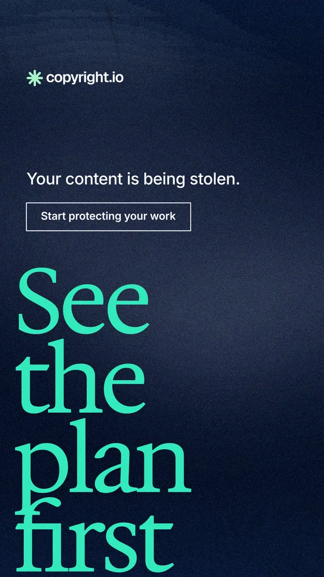 Instagram story for copyright.io: "See the plan first." Cyanotype style, oversized layout, dark palette in blue, black, teal.