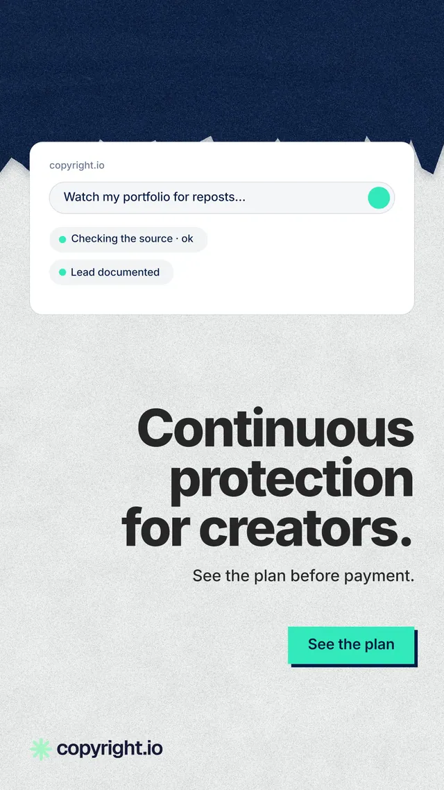 Instagram story for copyright.io: "Continuous protection for creators." Paper trio style, right layout, light palette in white, blue, grey.