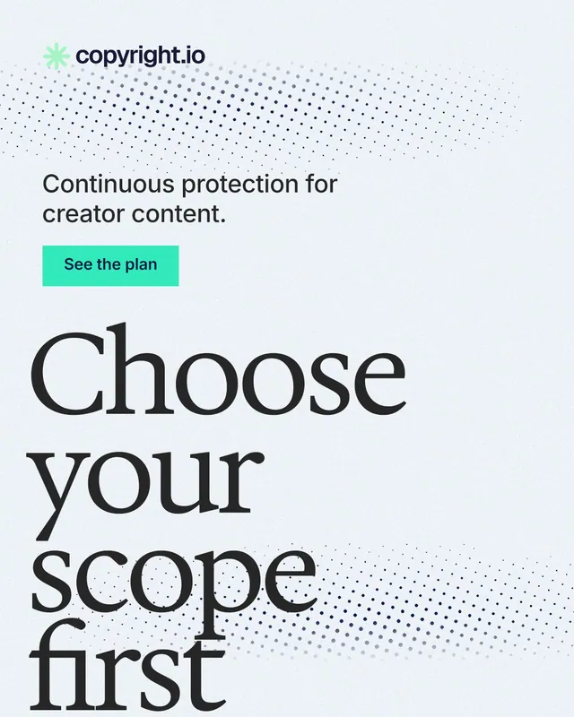 Instagram portrait post for copyright.io: "Choose your scope first." Swiss style, oversized layout, light palette in white, grey.