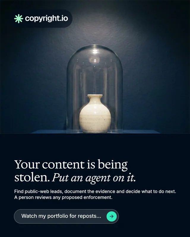 Instagram portrait post for copyright.io: "Your content is being stolen. Put an agent on it." Agentic glass style, bottom layout, dark palette in blue, black, grey.