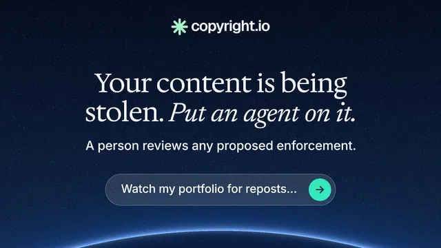 Landscape graphic for copyright.io: "Your content is being stolen. Put an agent on it." Agentic glass style, centred layout, dark palette in blue, black.