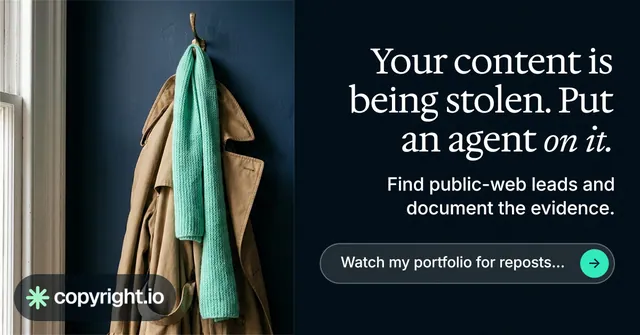 Social ad for copyright.io: "Your content is being stolen. Put an agent on it." Agentic glass style, right layout, dark palette in black, grey.