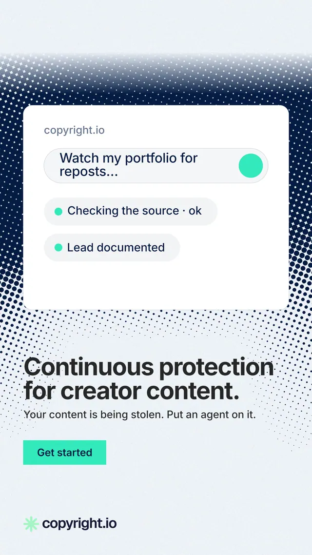 Instagram story for copyright.io: "Continuous protection for creator content." Swiss style, bottom layout, light palette in white, teal, grey.
