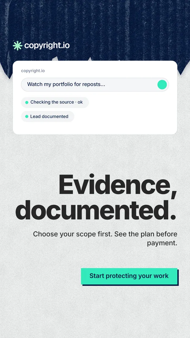 Instagram story for copyright.io: "Evidence, documented." Paper trio style, right layout, light palette in white, blue, grey.