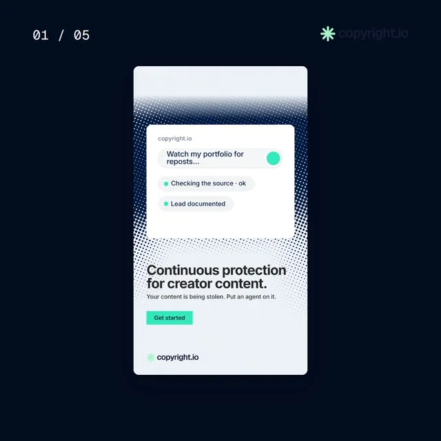 Video for copyright.io. Ad flipbook, 7.5 s, dark palette.