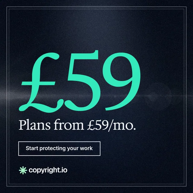 Instagram post for copyright.io: "Your content is being stolen. Put an agent on it." Dark deco style, stat layout, dark palette in blue, black, teal.