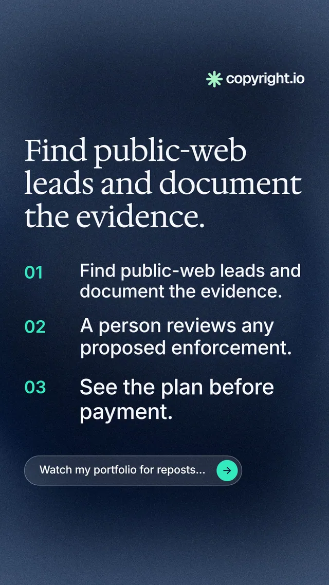 Instagram story for copyright.io: "Find public-web leads and document the evidence." Agentic glass style, numbered layout, dark palette in blue.