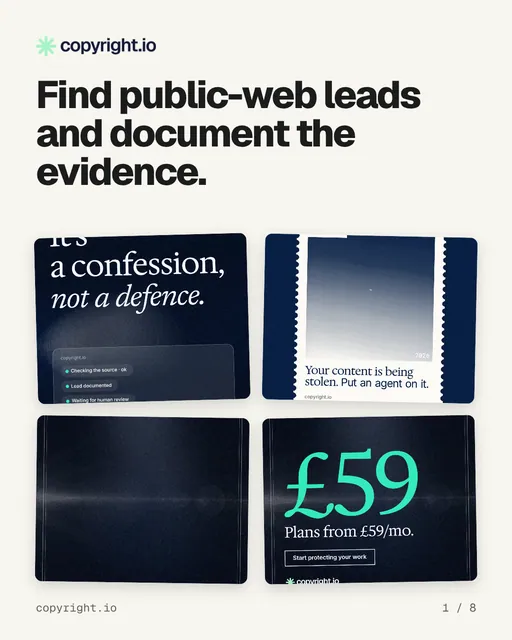 Carousel for copyright.io: "Find public-web leads and document the evidence.". Collection carousel, 8 slides, light palette.