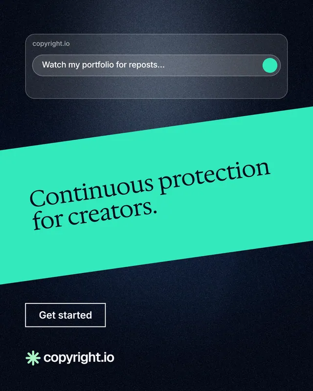 Instagram portrait post for copyright.io: "Continuous protection for creators." Dark deco style, diagonal layout, dark palette in teal, black, blue.