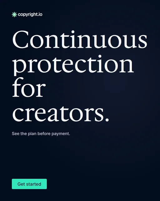 Video for copyright.io: "Continuous protection for creators.". Doc motion loop, 8.0 s, dark palette.