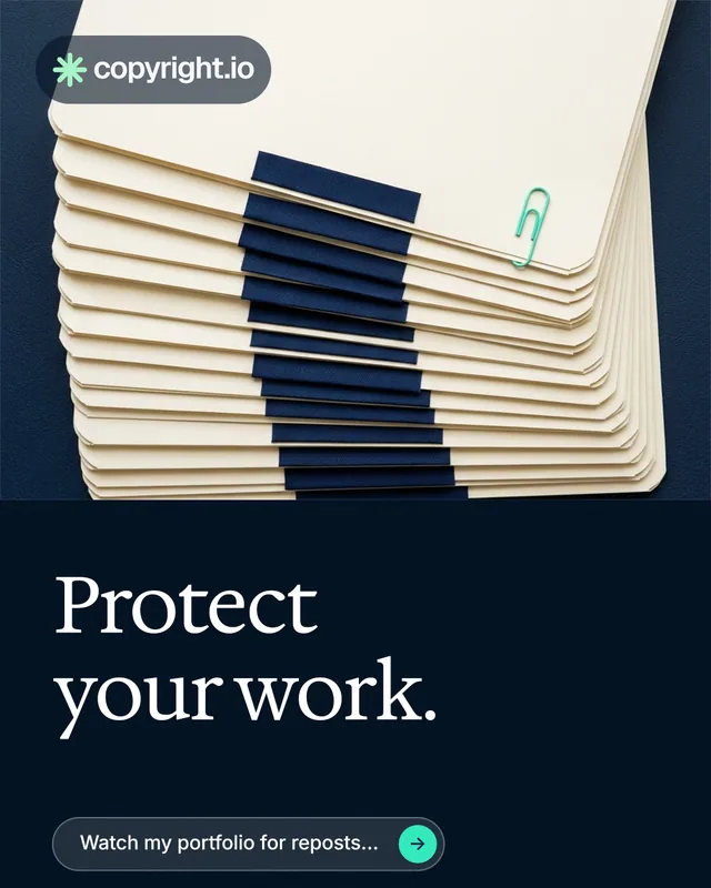 Instagram portrait post for copyright.io: "Protect your work." Agentic glass style, bottom layout, dark palette in black, yellow, blue.