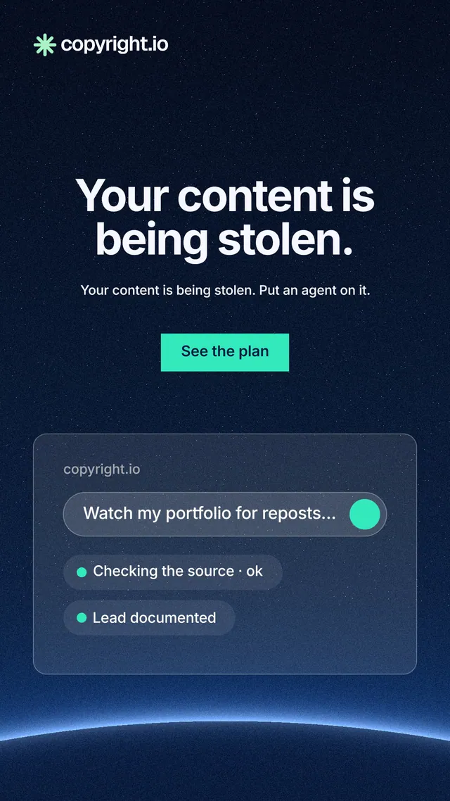 Instagram story for copyright.io: "Your content is being stolen." Swiss style, centred layout, dark palette in black, blue.